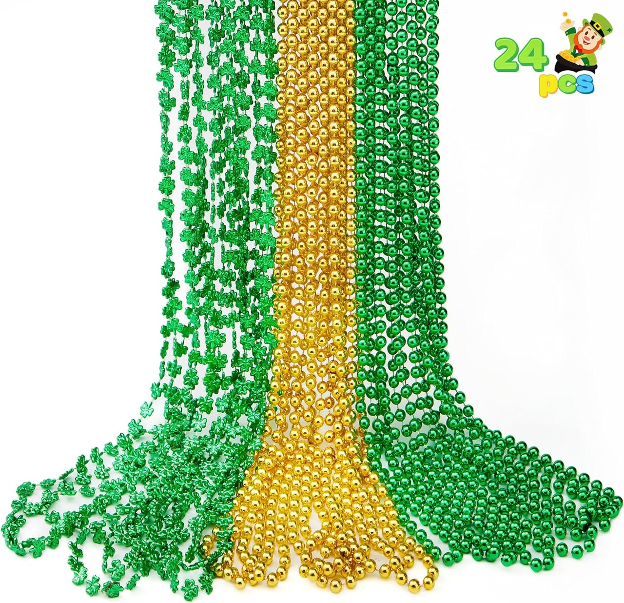 24 PCS St. Patrick’s Day Necklace Set, 8 Green and 8 Gold Bead Necklaces and 8 Green Shamrock Bead Necklaces, St Patrick Accessory Set, Irish Carnival Dress Up Party Favor Supplies